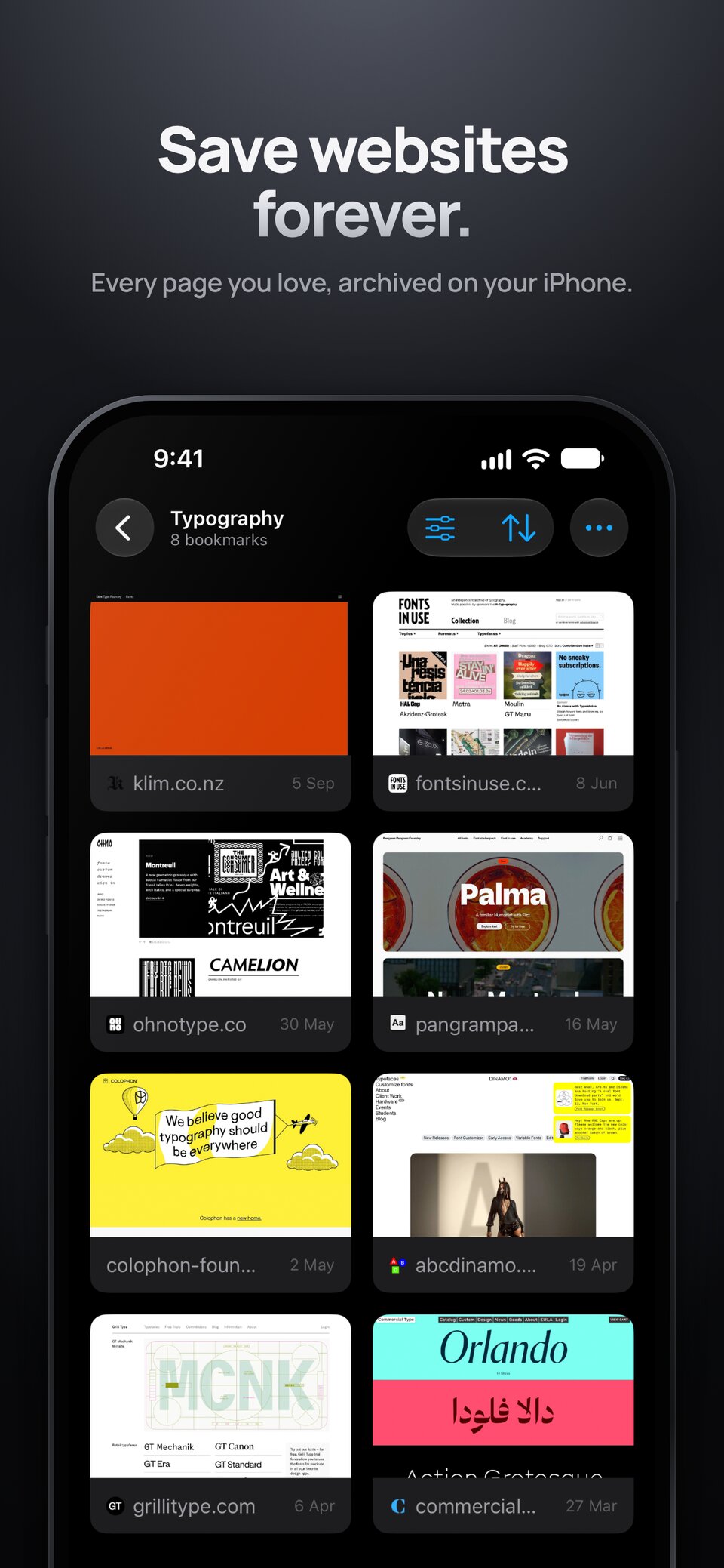 Ewig on iPhone showing a collection of saved websites. Save websites forever: every page you love, archived on your iPhone.