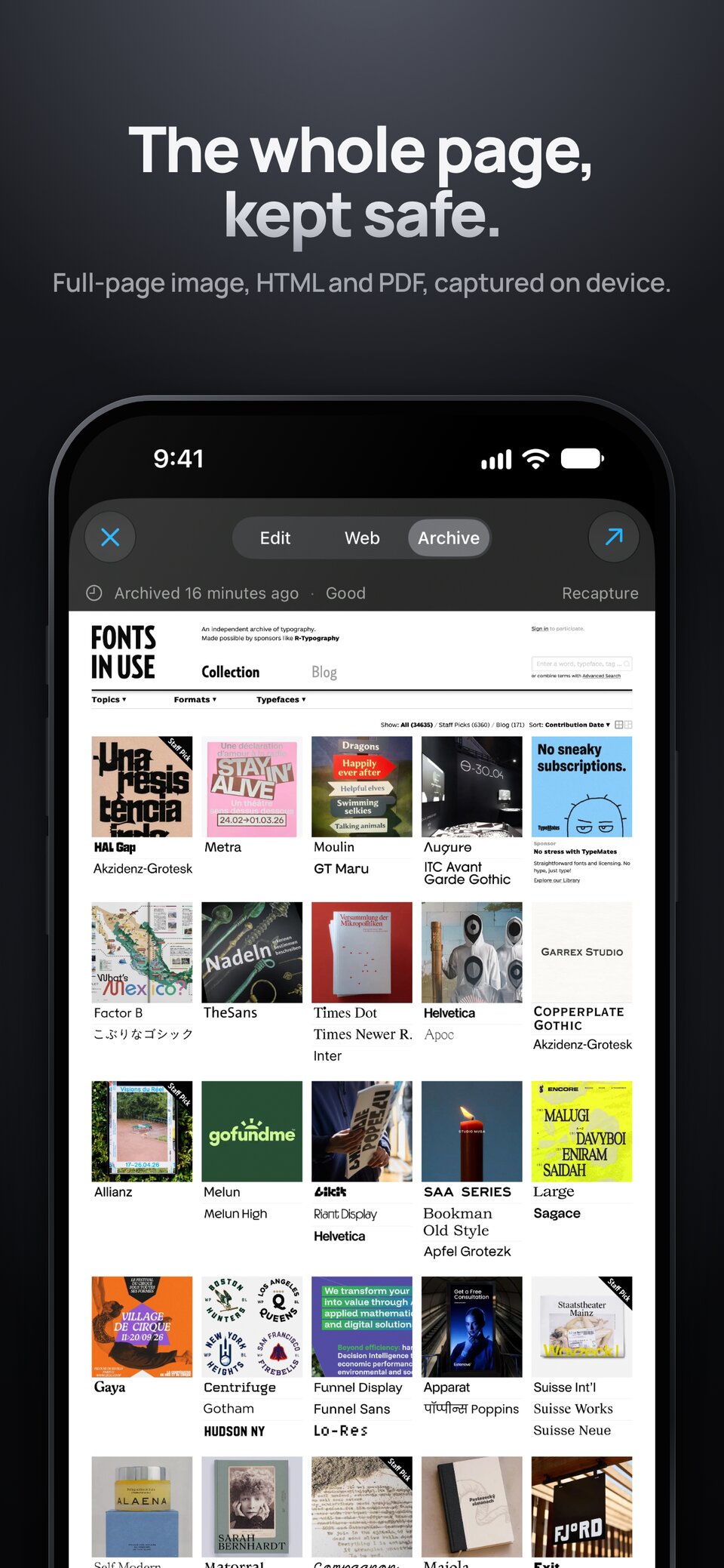 Ewig on iPhone showing an archived web page. The whole page, kept safe: full-page image, HTML and PDF, captured on device.