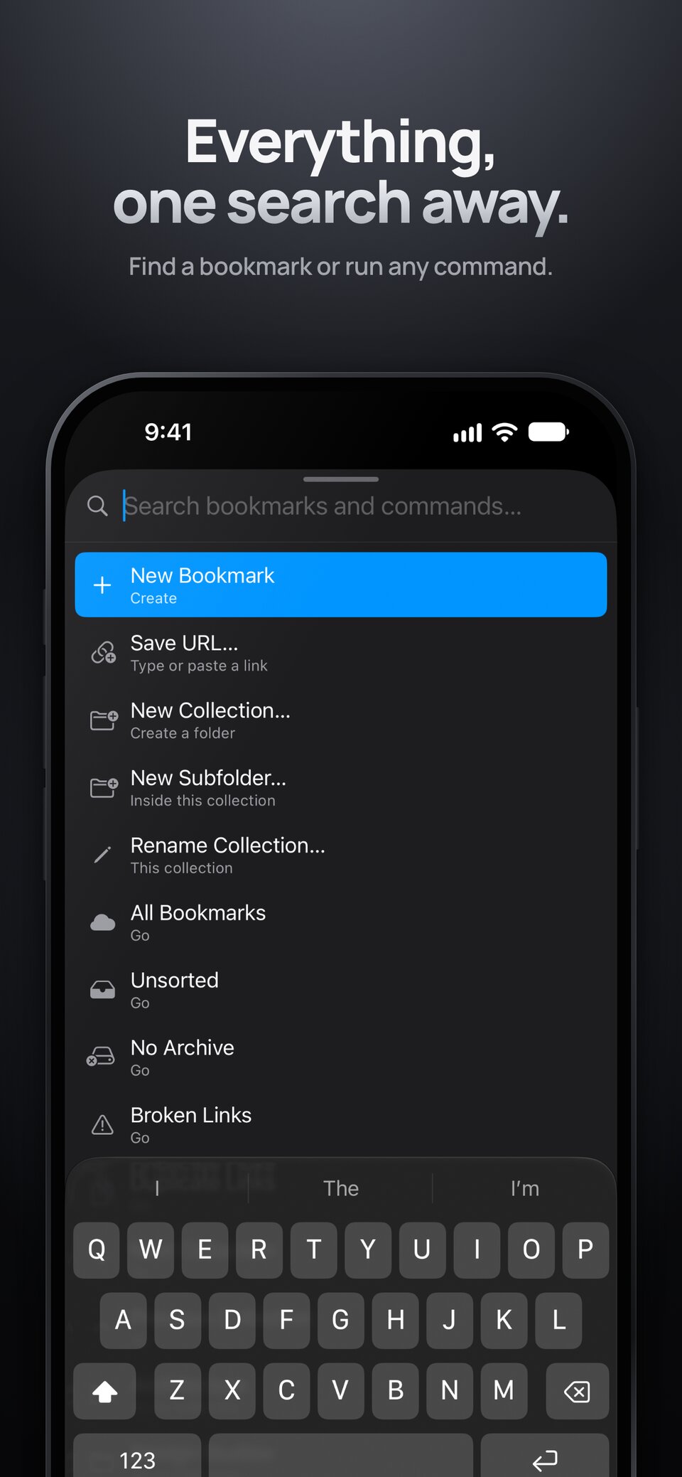 Ewig on iPhone showing search results for bookmarks and commands. Everything, one search away: find a bookmark or run any command.